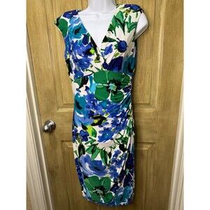 Lauren Ralph Lauren Dress Women's 2 Blue Green V Neck Sheath Stretch